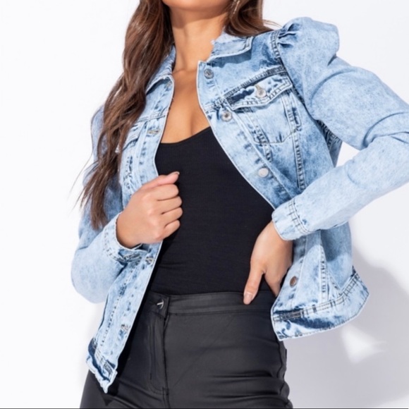 🆕 Mid Blue Acid Puff Sleeve Western Denim Jacket - Picture 7 of 9